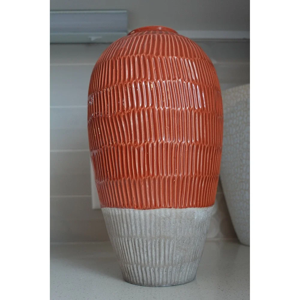 Textured Ceramic‎ Vase, Decorative Accent Vase, Modern Home Decor, Orange & Gray